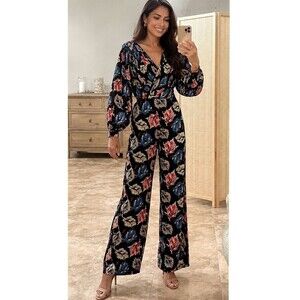 Lulus Roni Leaf Print Wide Leg Jumpsuit Sz S Pleated Balloon Sleeve Black Floral